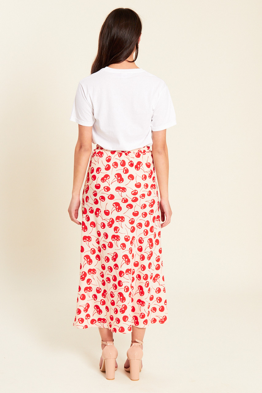 Cherry Print Drawstring Waist Bias Cut Midaxi Skirt