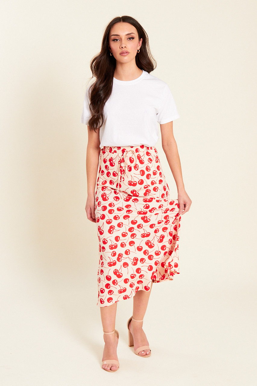 Cherry Print Drawstring Waist Bias Cut Midaxi Skirt