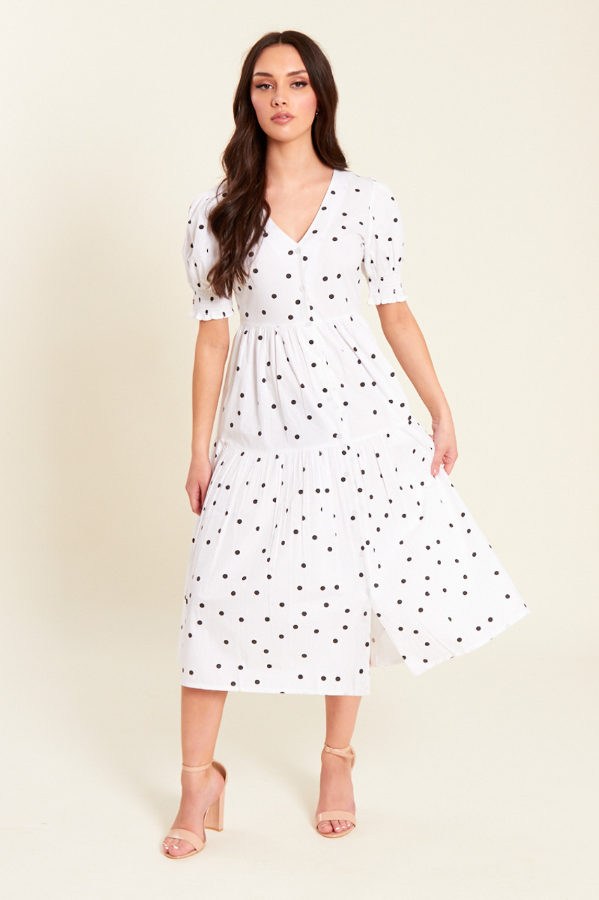 White With Black  Dot Shirred Sleeves Tiered Button Through Midi Dress 