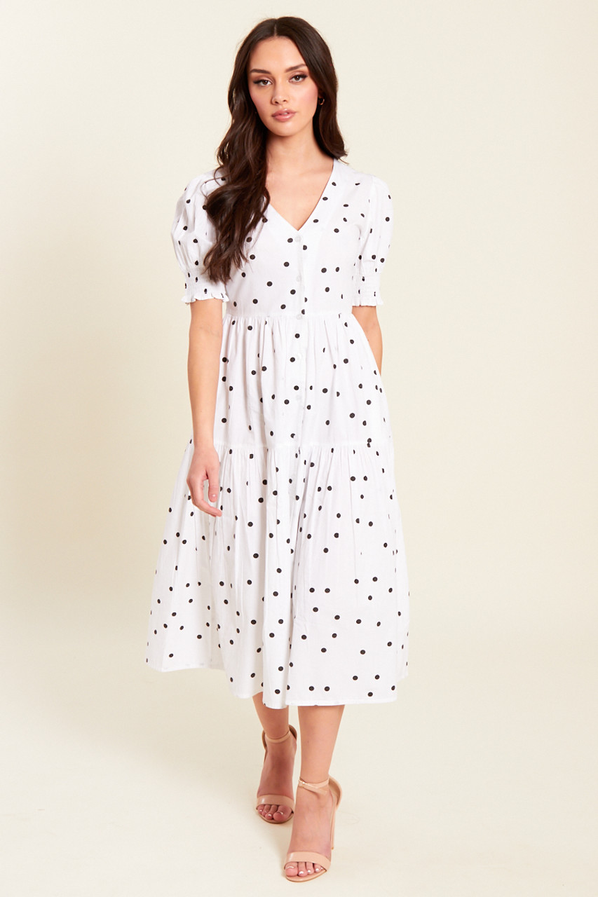 White With Black  Dot Shirred Sleeves Tiered Button Through Midi Dress 