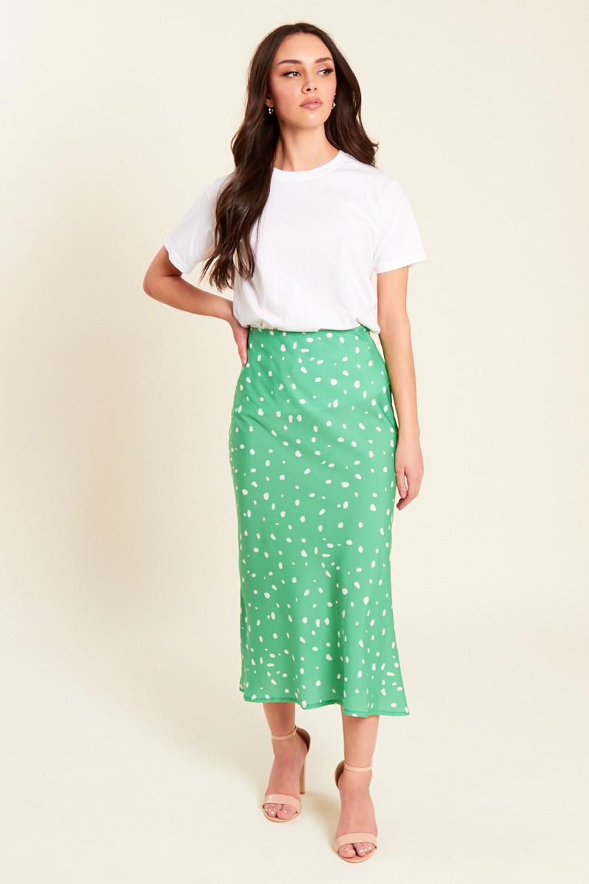 Green With White Dot Bias Cut Midi Skirt 