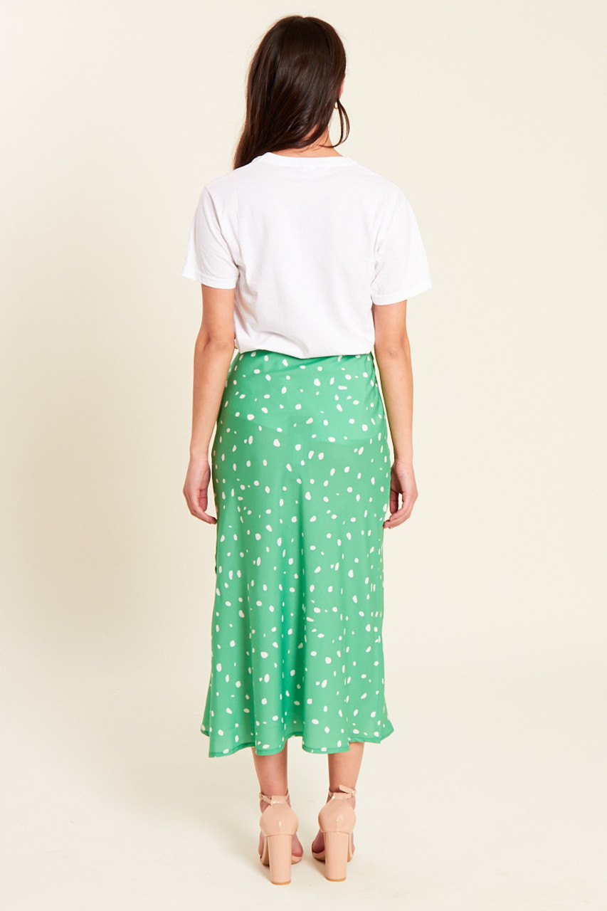 Green With White Dot Bias Cut Midi Skirt 