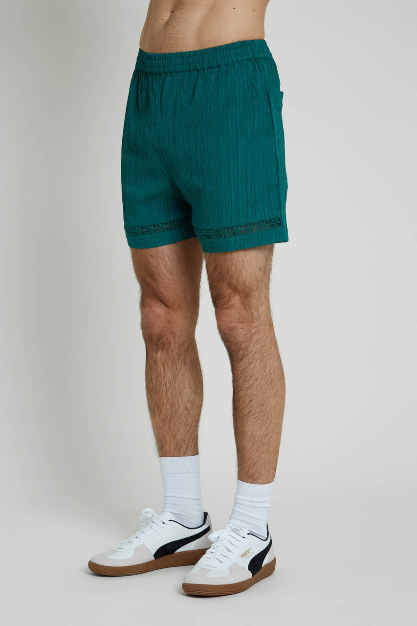 Regular Length Textured Seersucker Short With Broderie Anglaise Panel