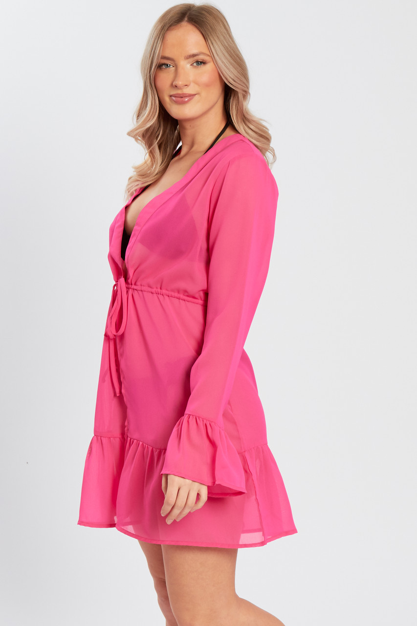 Hot Pink Beachwear Ember Short Kimono With Tier Hem & Flared Sleeve