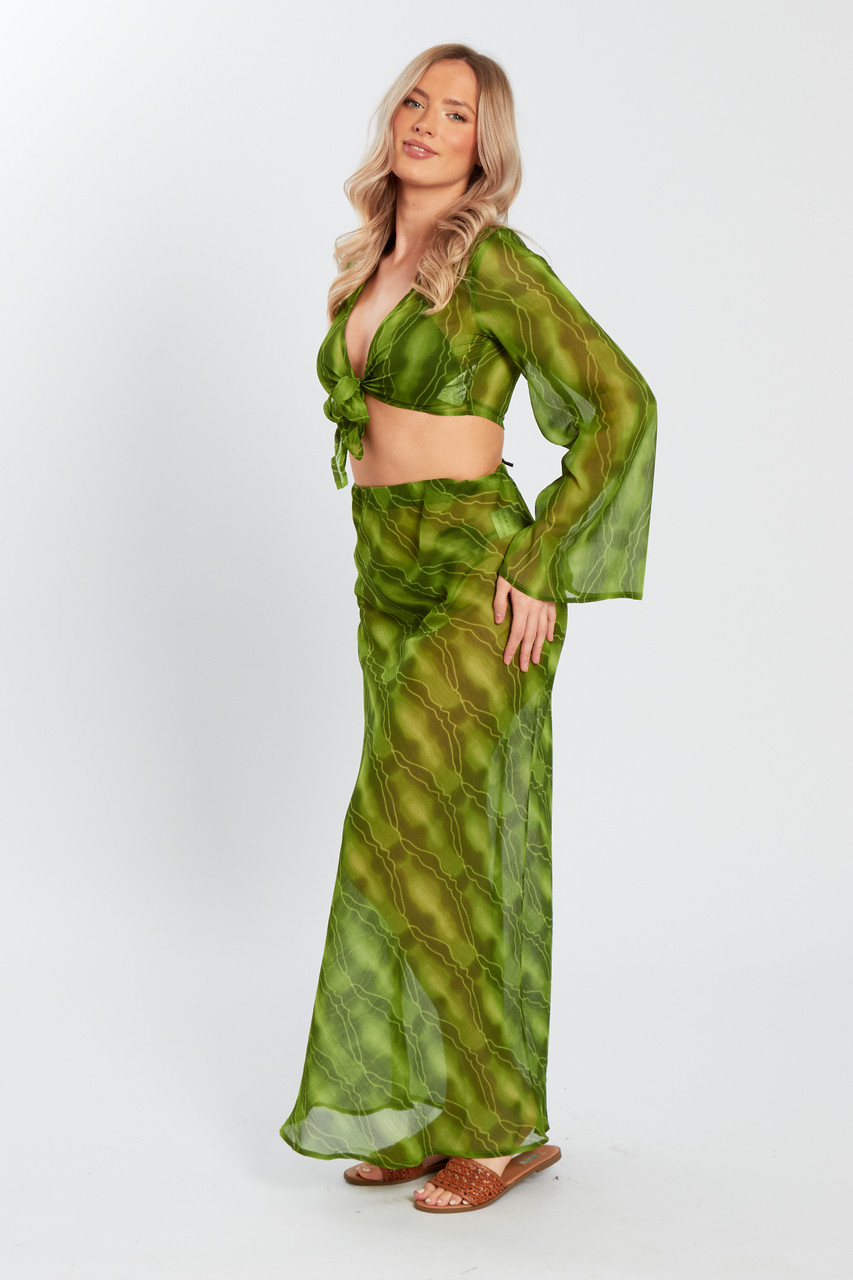 Green Tie Front Flared Sleeve Top
