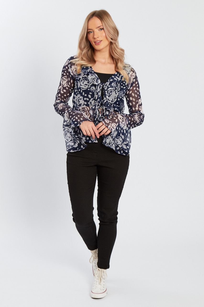 Blue Frill Front Tie Detail Blouse