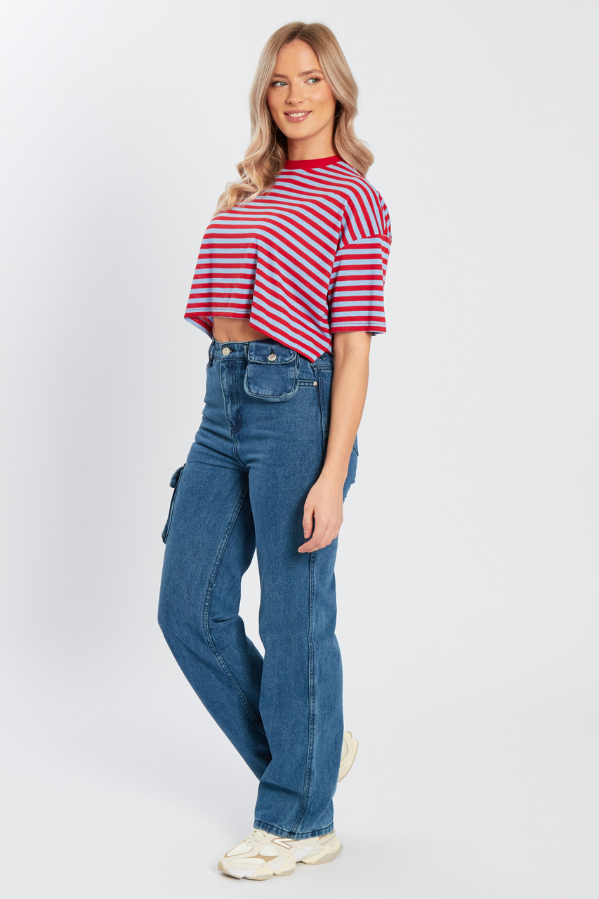 Blue & Red Stripe Short Sleeves Crop T-Shirt