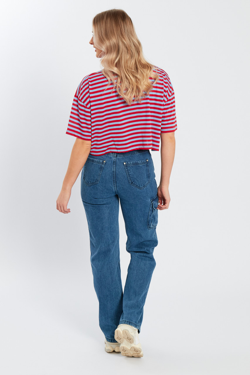 Blue & Red Stripe Short Sleeves Crop T-Shirt