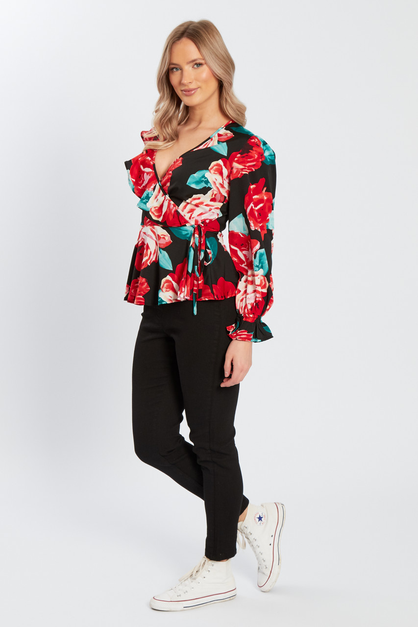 Red Floral Ruffle Wrap Top