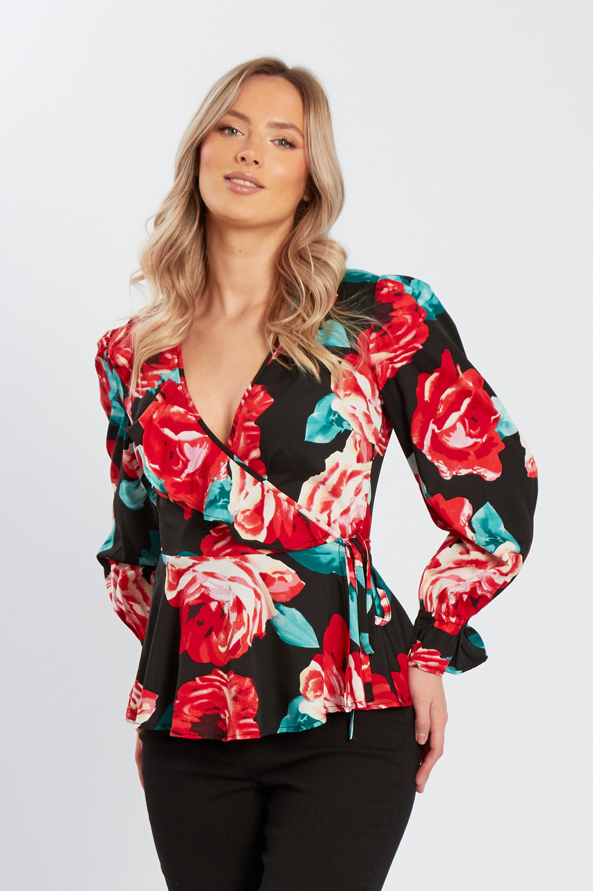 Red Floral Ruffle Wrap Top