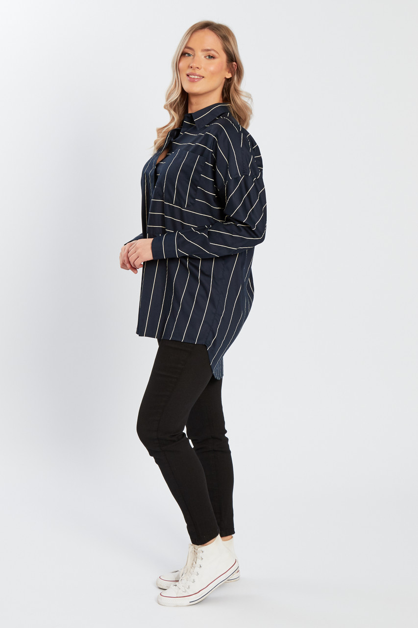 Navy & White Stripe Front Pocket Long Sleeves Shirt 