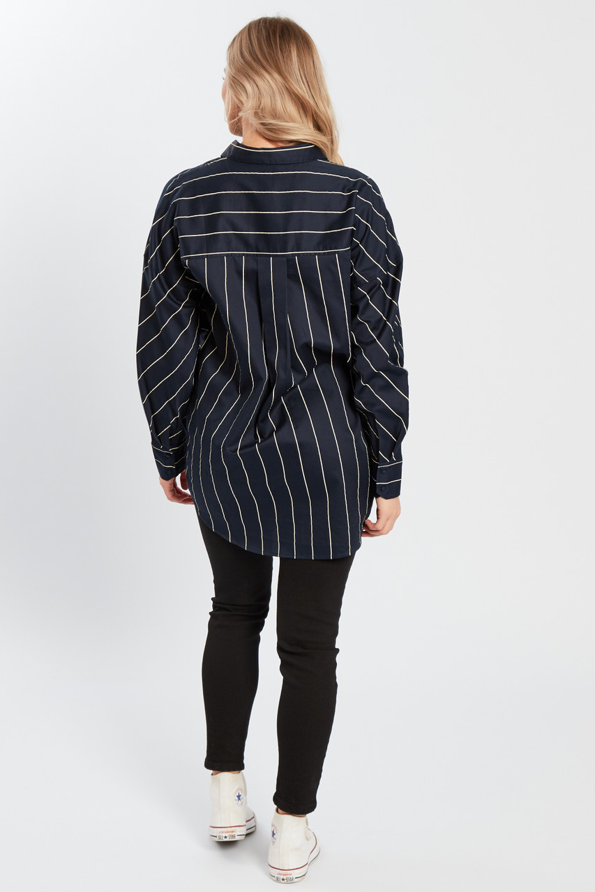 Navy & White Stripe Front Pocket Long Sleeves Shirt 