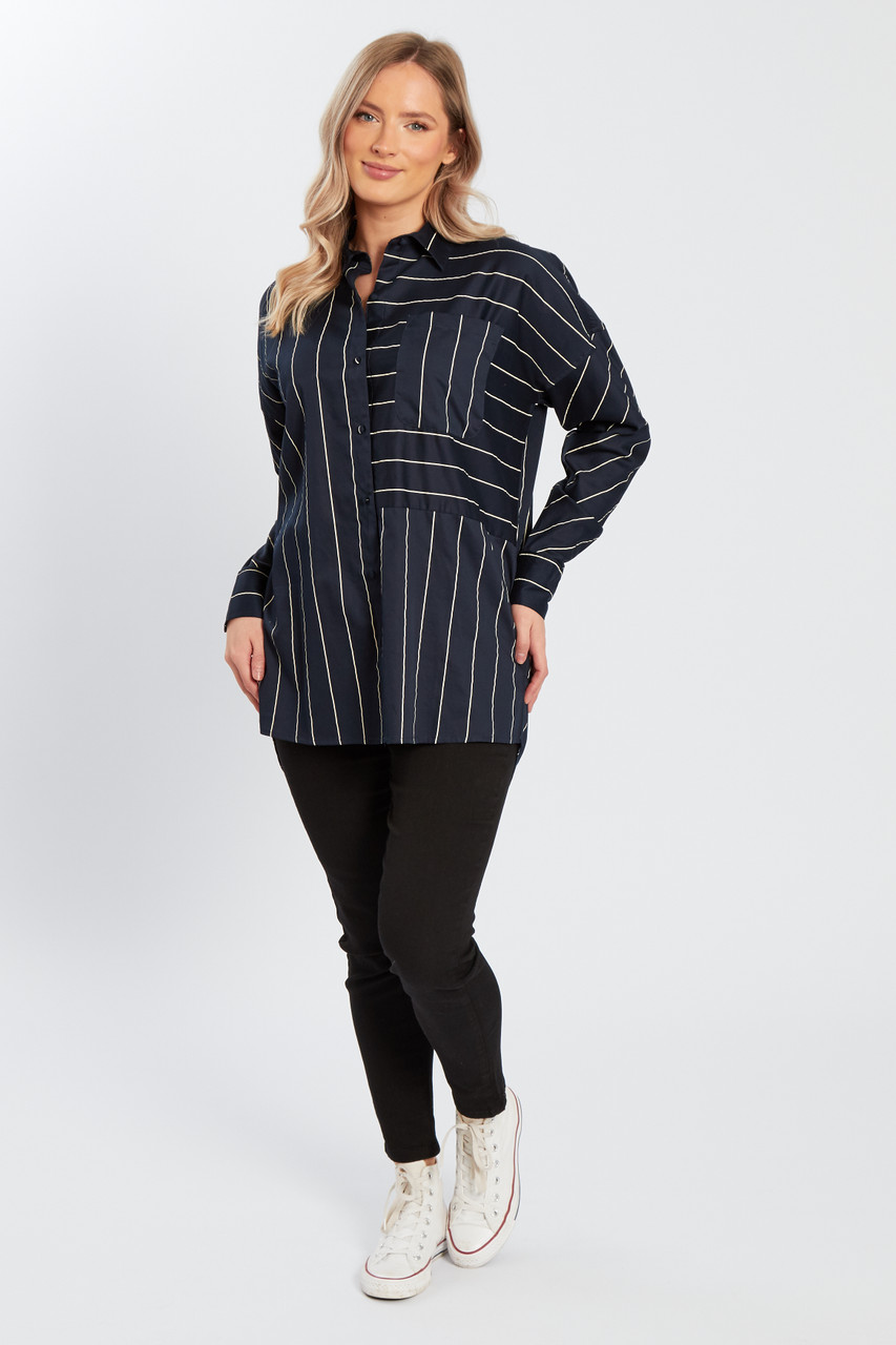 Navy & White Stripe Front Pocket Long Sleeves Shirt 