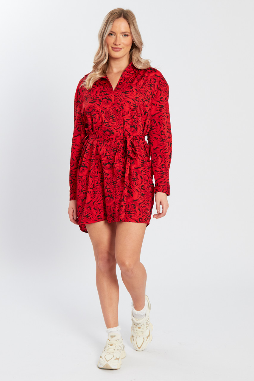 Red Belted Long Sleeves Mini Shirt Dress 
