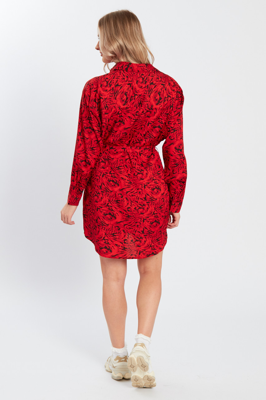 Red Belted Long Sleeves Mini Shirt Dress 