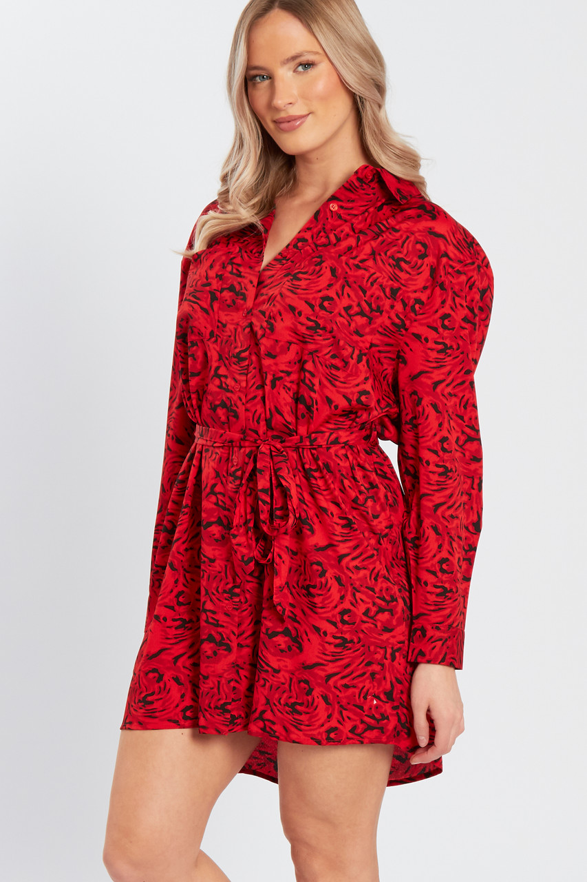 Red Belted Long Sleeves Mini Shirt Dress 