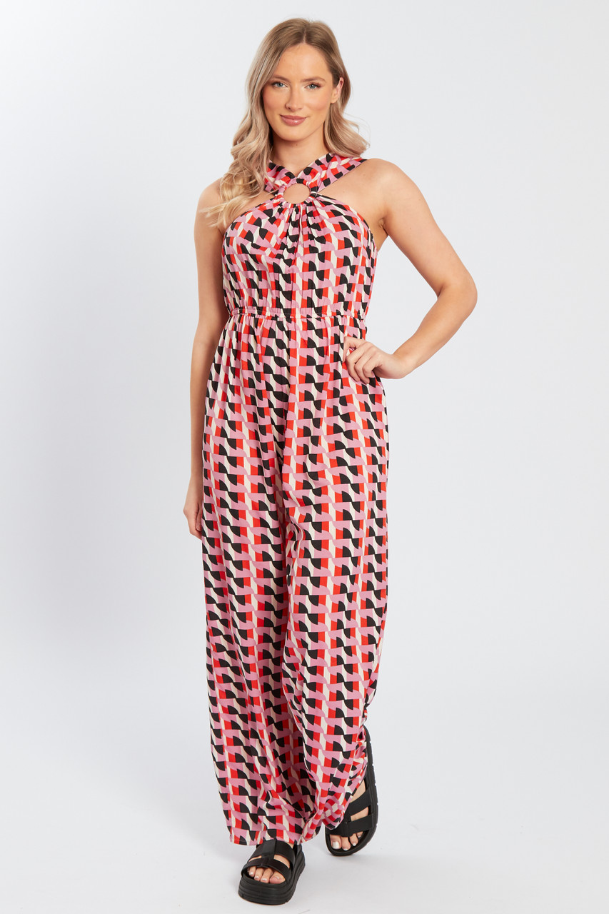 Halter Neck Wide Leg Jumpsuit In Scarf Print