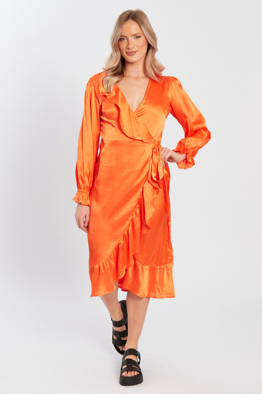 Wrap Frill Midi Dress Orange