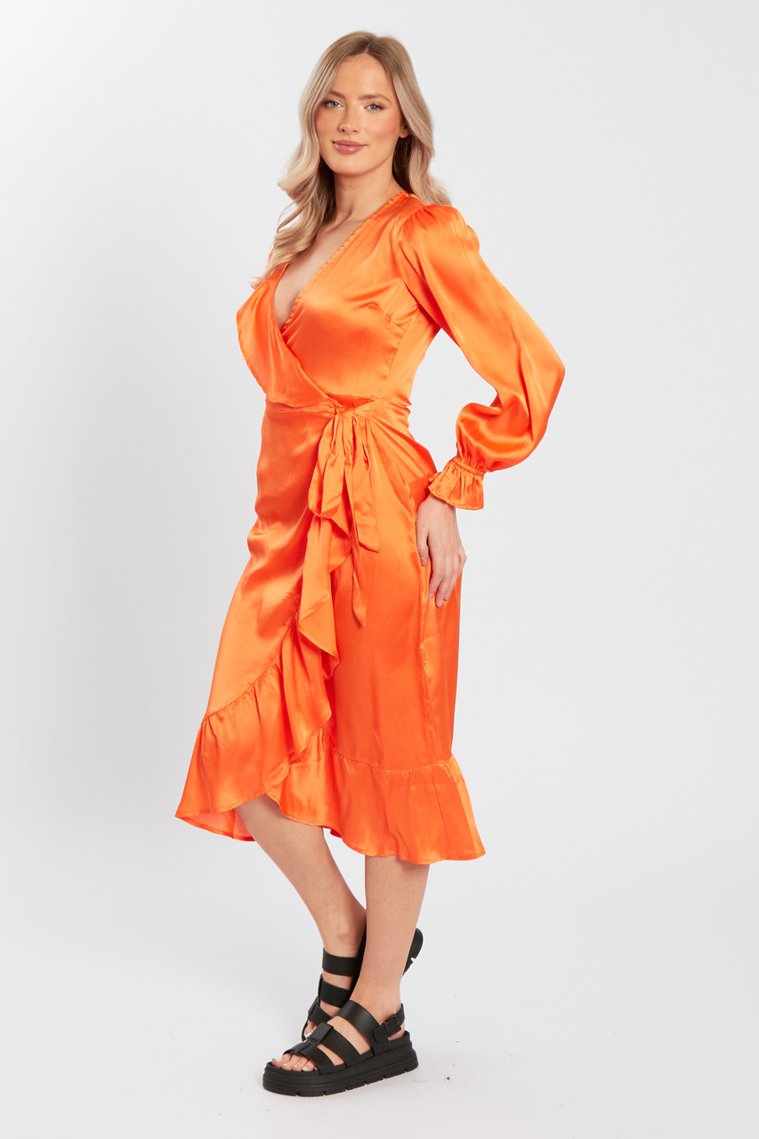 Wrap Frill Midi Dress Orange