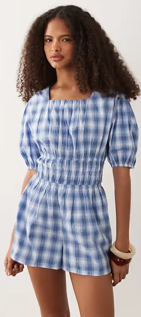 Wednesdays Girl shirred waist tie back playsuit in blue check