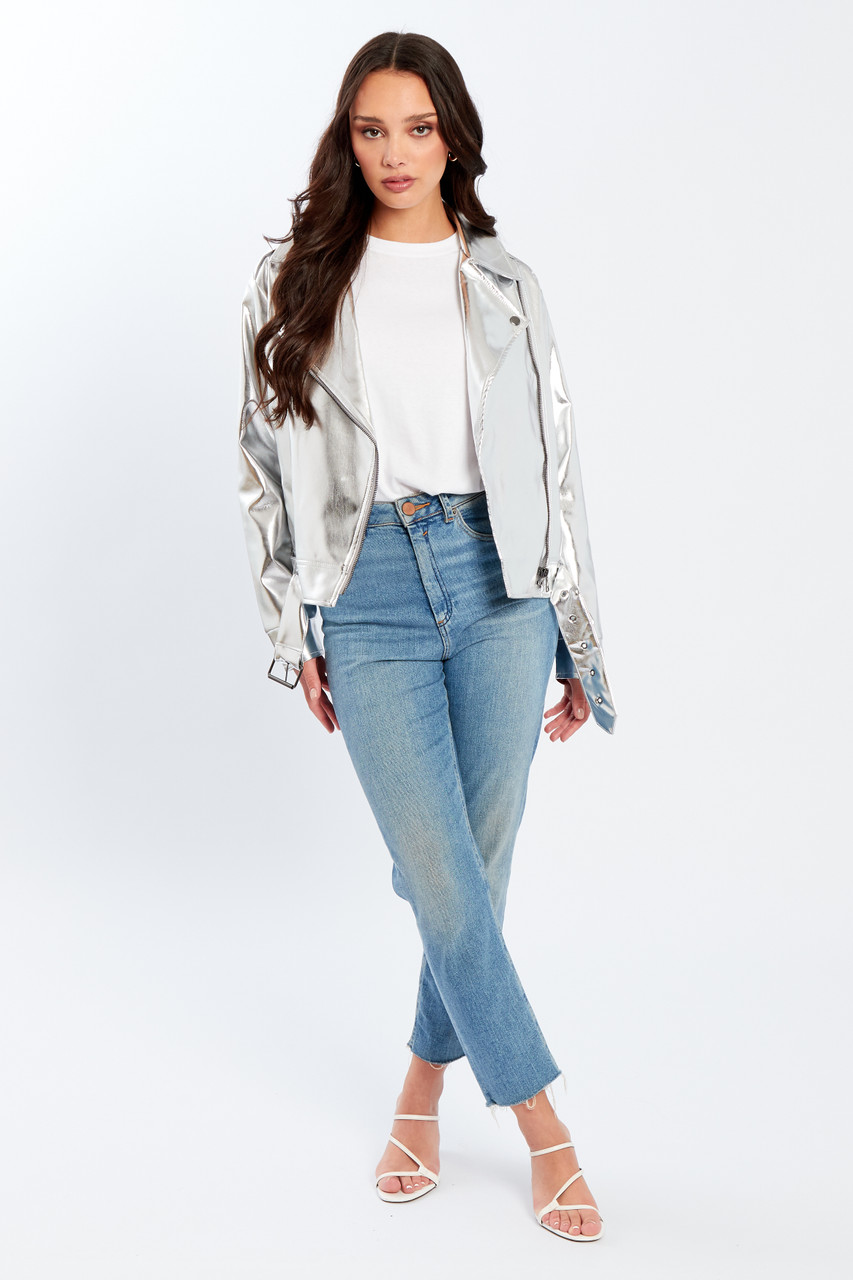 Silver Metallic Biker Zipper Jacket