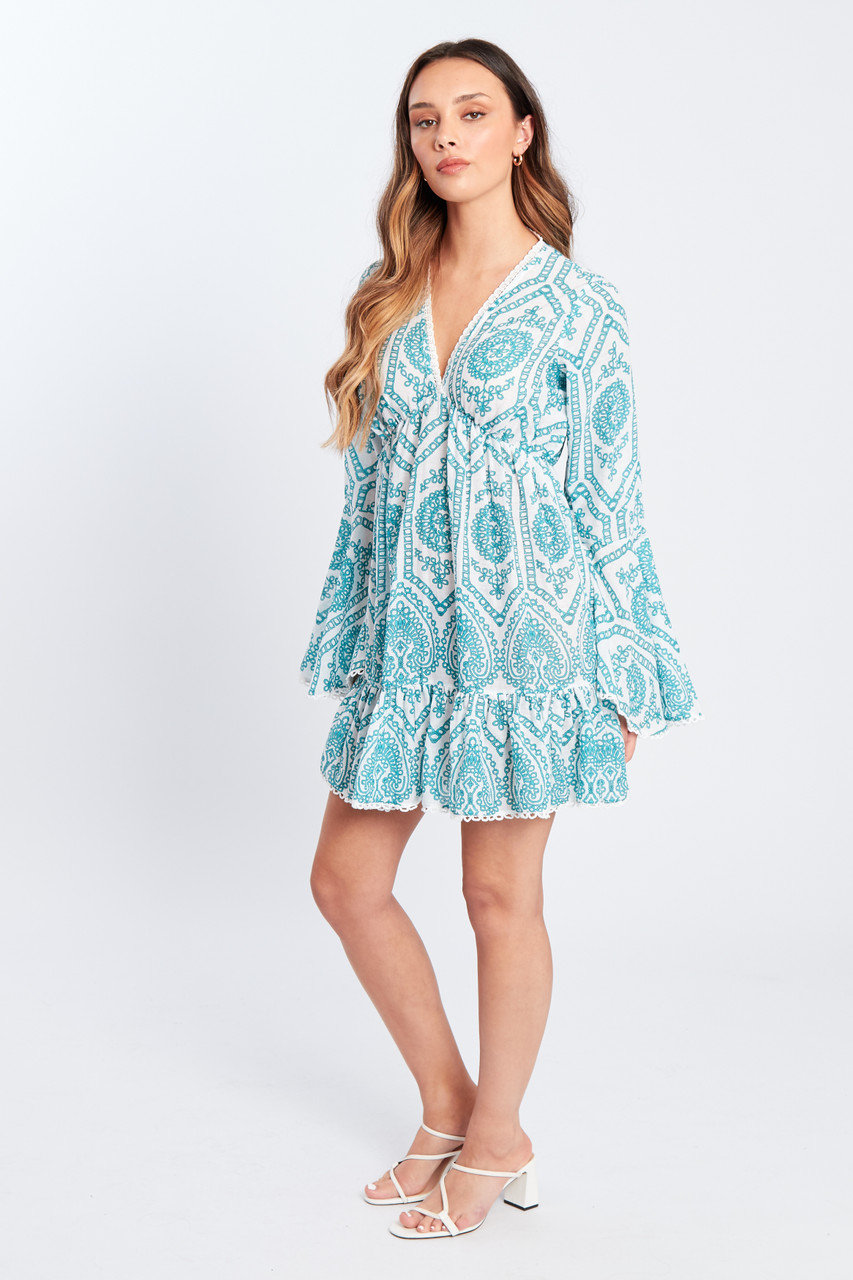 Trim Detail Flared Cuff Tiered Hem Mini Dress