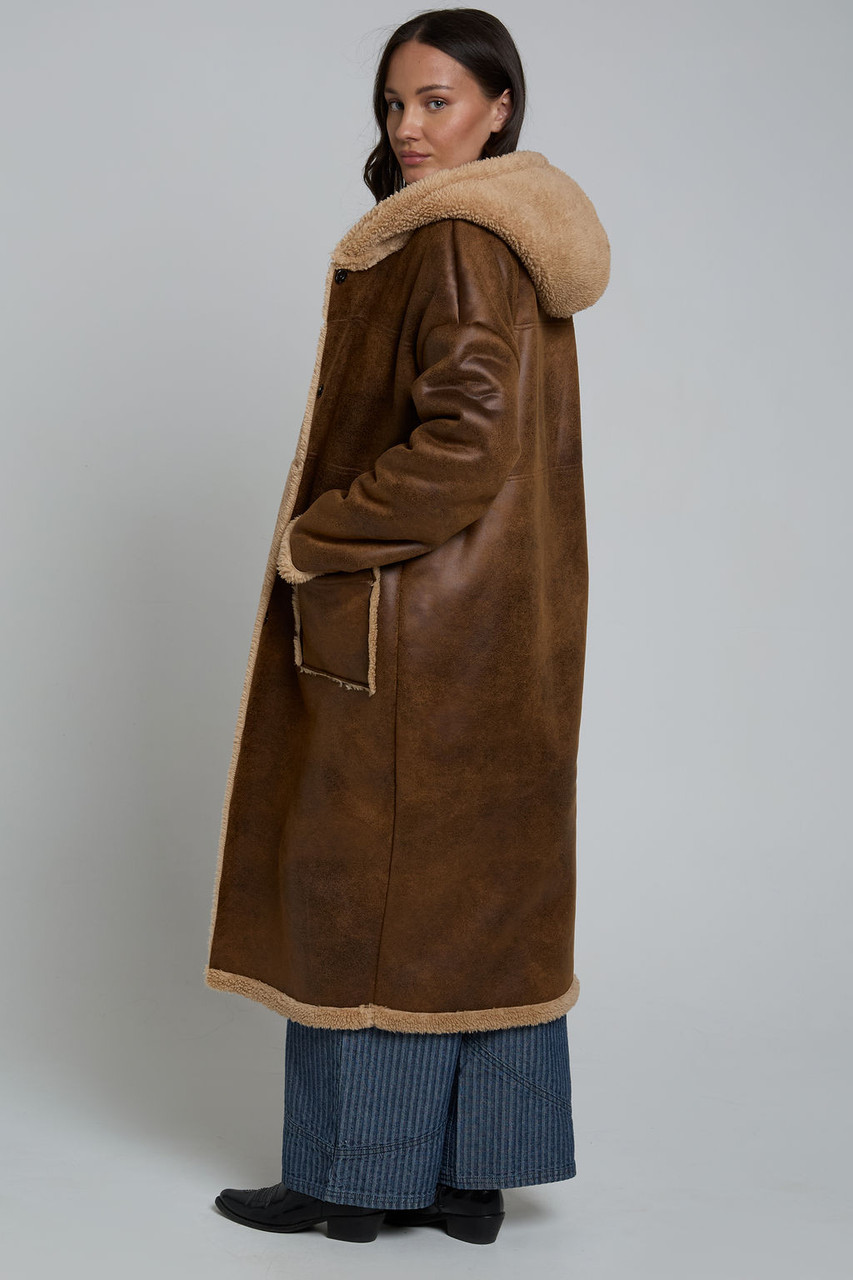 Tan Oversized Faux Shearling Longline Coat In Distressed 