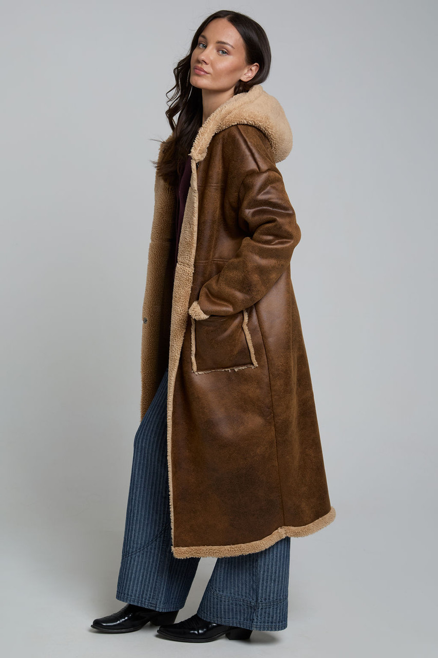 Tan Oversized Faux Shearling Longline Coat In Distressed 