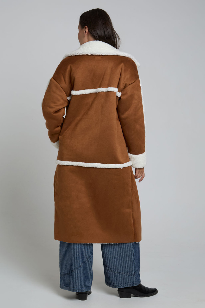 Tan And Cream Cosy Faux Shearling Suede Longline Coat