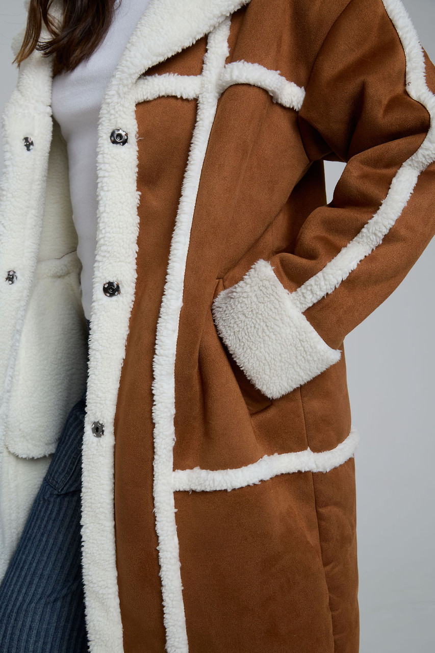 Tan And Cream Cosy Faux Shearling Suede Longline Coat