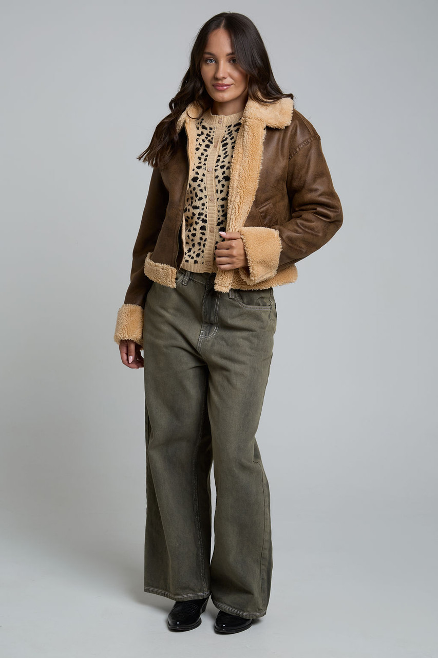 faux shearling boxy aviator jacket in deep tan