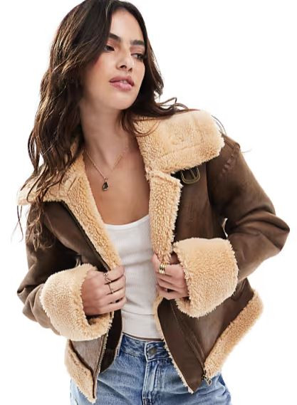 faux shearling boxy aviator jacket in deep tan