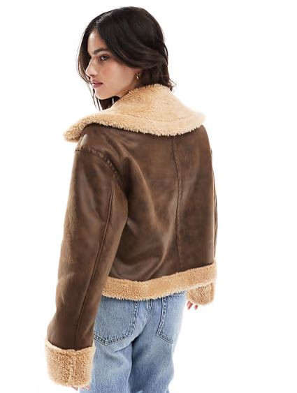 faux shearling boxy aviator jacket in deep tan
