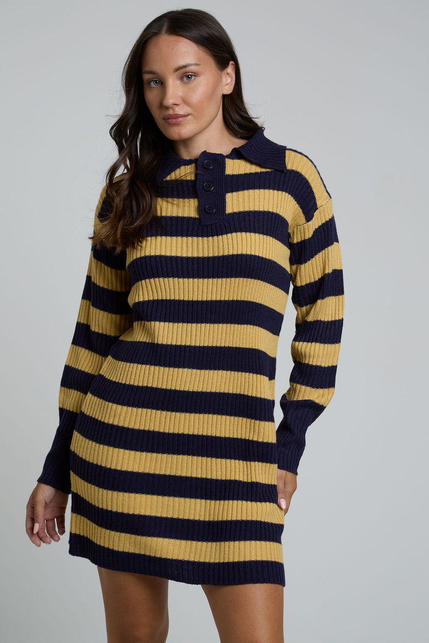Bold Stripe Knitted Rugby Dress In Camel And Navy
