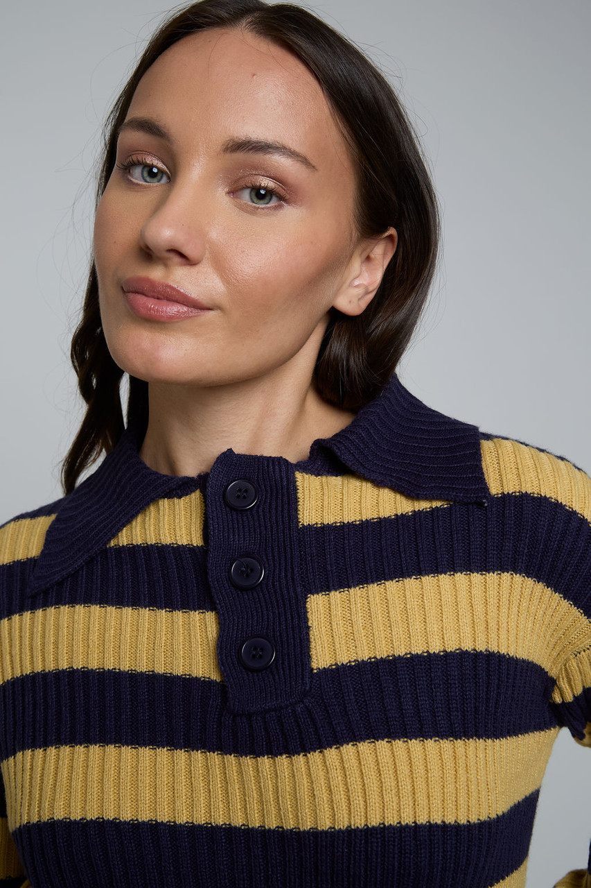 Bold Stripe Knitted Rugby Dress In Camel And Navy