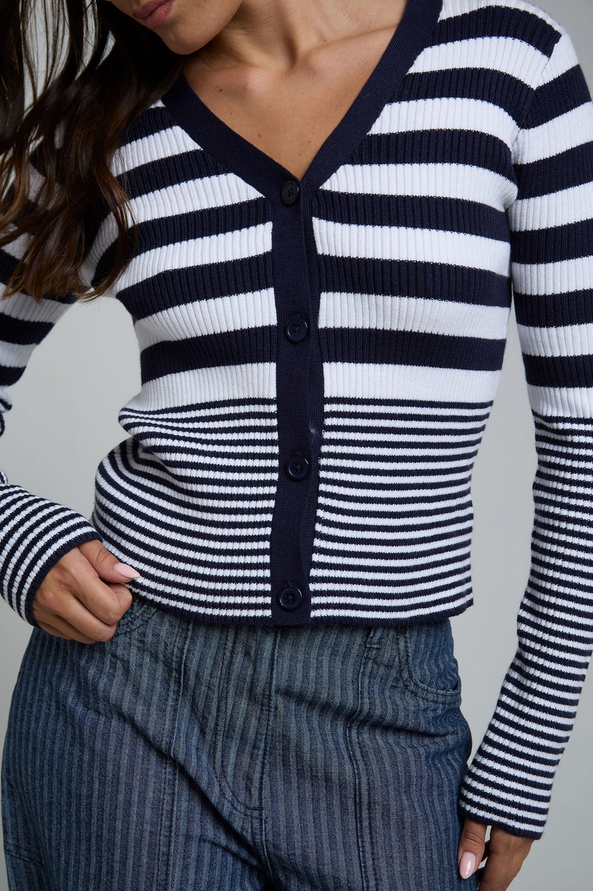 Striped Ribbed Knit Cardigan In Navy And Cream