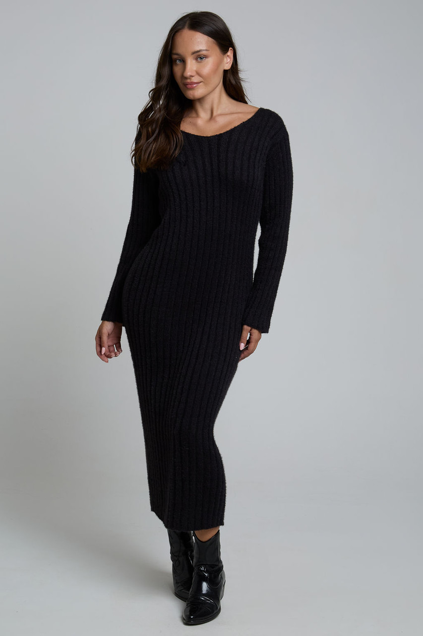 Fluffy Yarn Oversized Maxi Dress In Black
