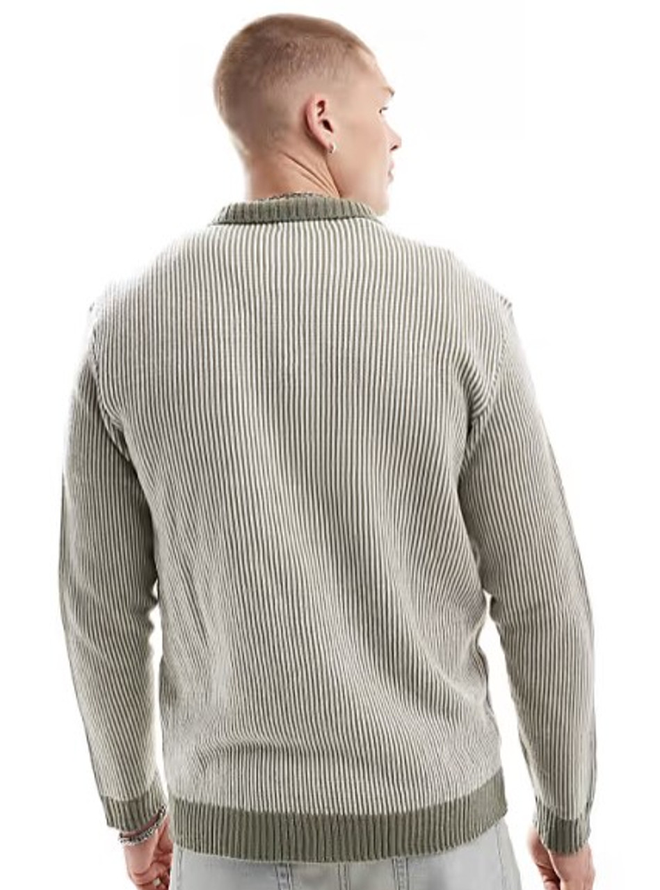 Textured pinstripe zip through cardigan in khaki