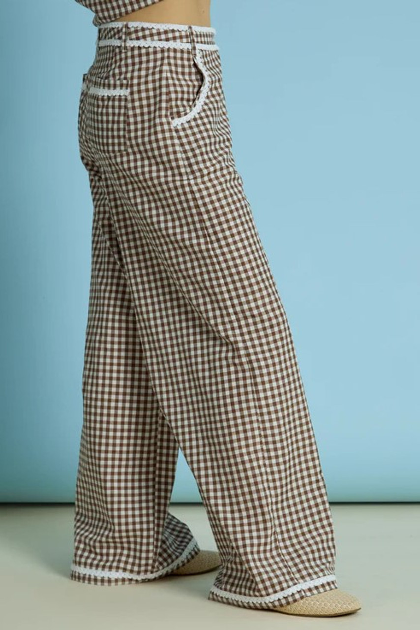 Wide Leg Brown Gingham Cotton Trouser