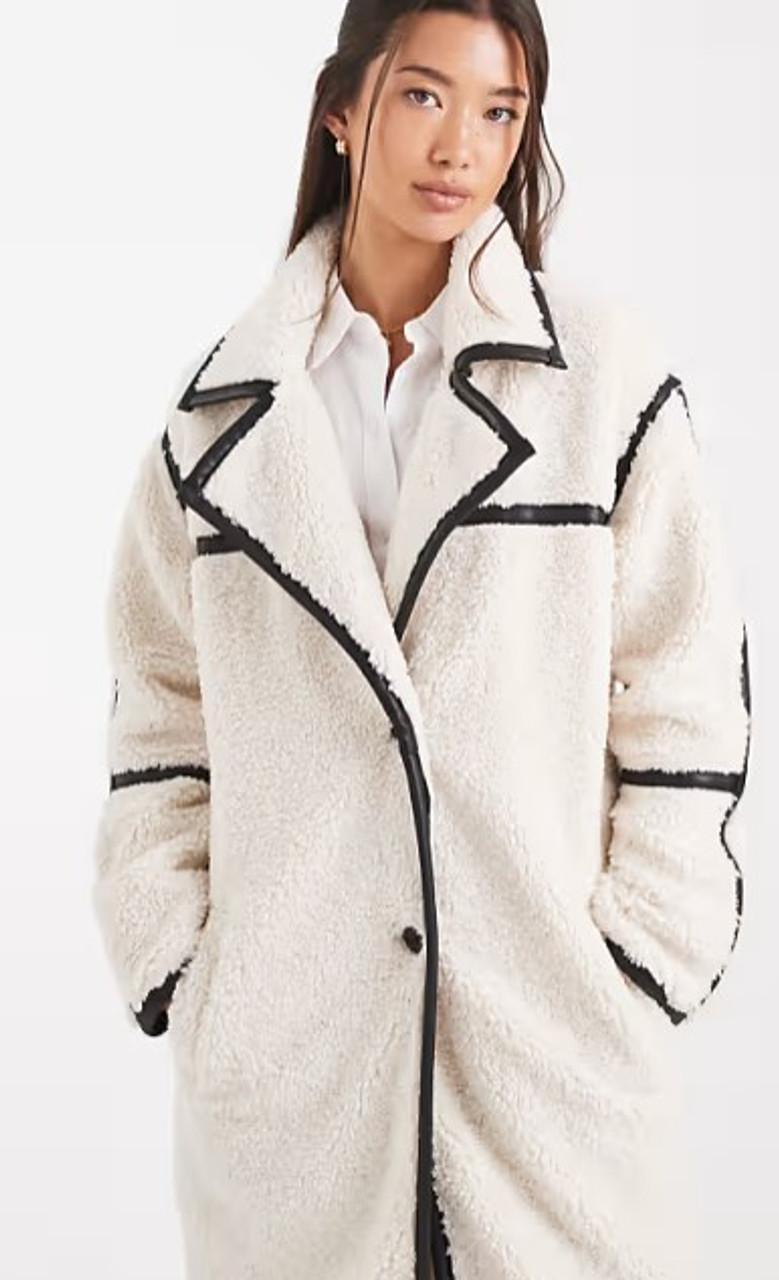 Longline Fluffy Borg Midaxi Coat In Cream