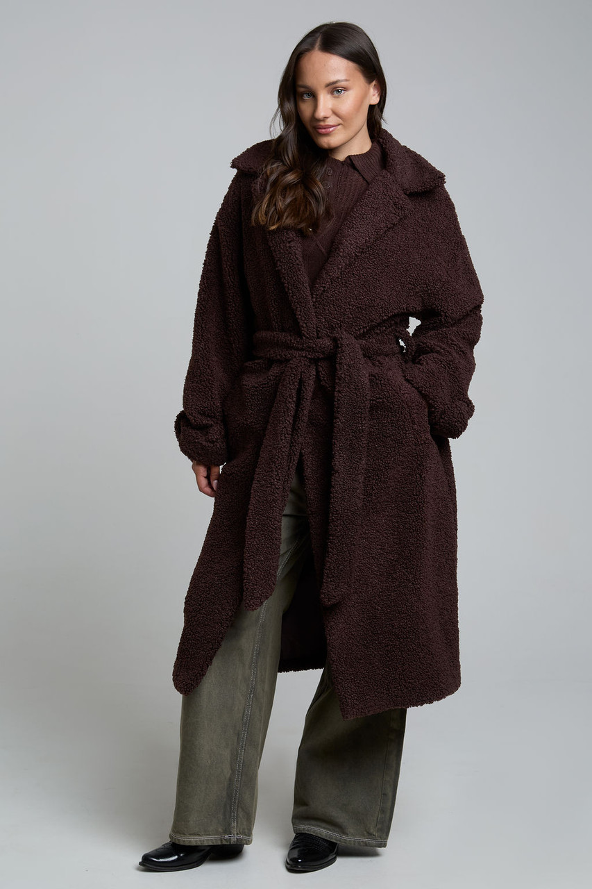Belted Fluffy Borg Midaxi Coat In Brown