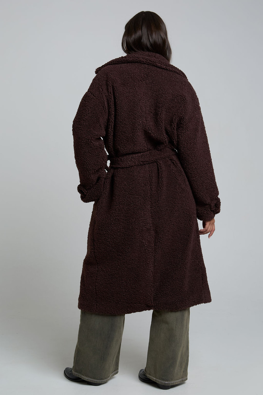 Belted Fluffy Borg Midaxi Coat In Brown