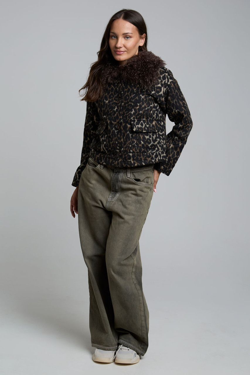 Brown Faux Fur Trim Leopard Print Jacket