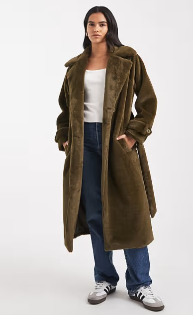 Olive Belted Faux Shearling Midaxi Coat