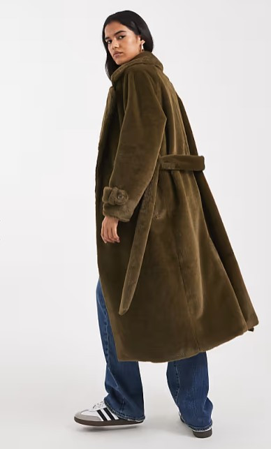 Olive Belted Faux Shearling Midaxi Coat