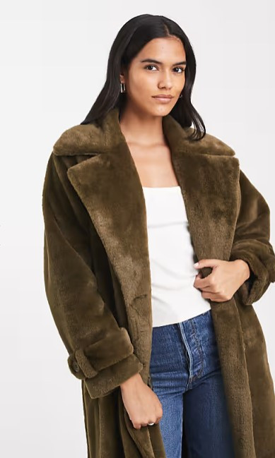 Olive Belted Faux Shearling Midaxi Coat