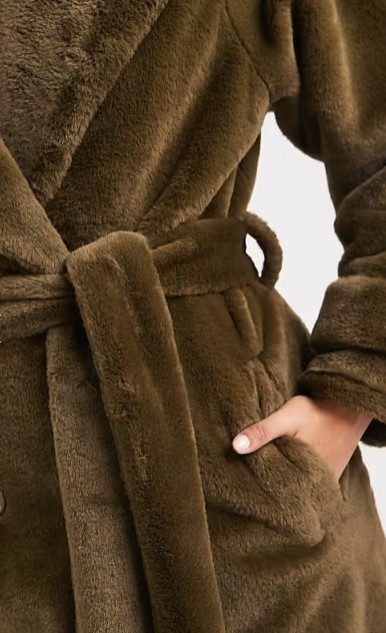 Olive Belted Faux Shearling Midaxi Coat