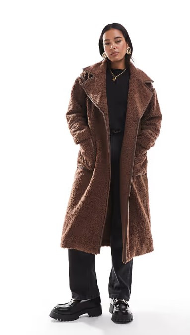 Chocolate Brown Borg Faux Leather Edged Longline Coat