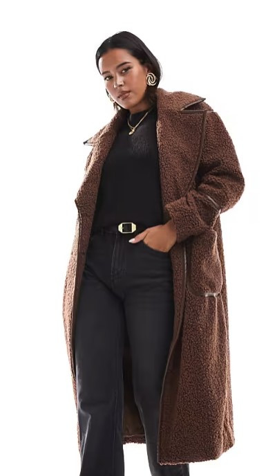 Chocolate Brown Borg Faux Leather Edged Longline Coat