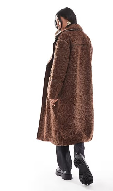 Chocolate Brown Borg Faux Leather Edged Longline Coat